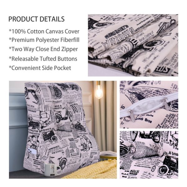 Buttoned Reading Pillow Cushion Cotton Canvas Fabric Old Newspaper - Image 3