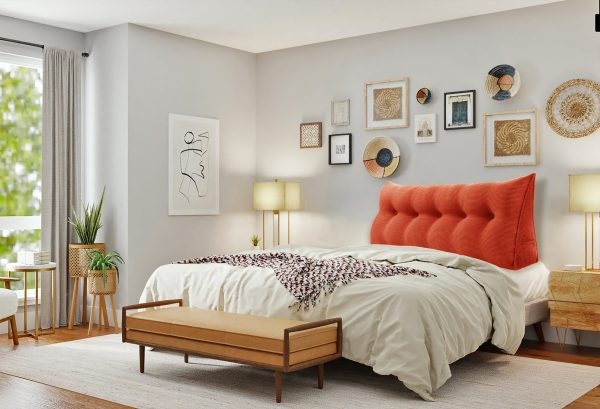 Buttoned Wedge Pillow Cushion Corduroy Fabric Orange - Image 2