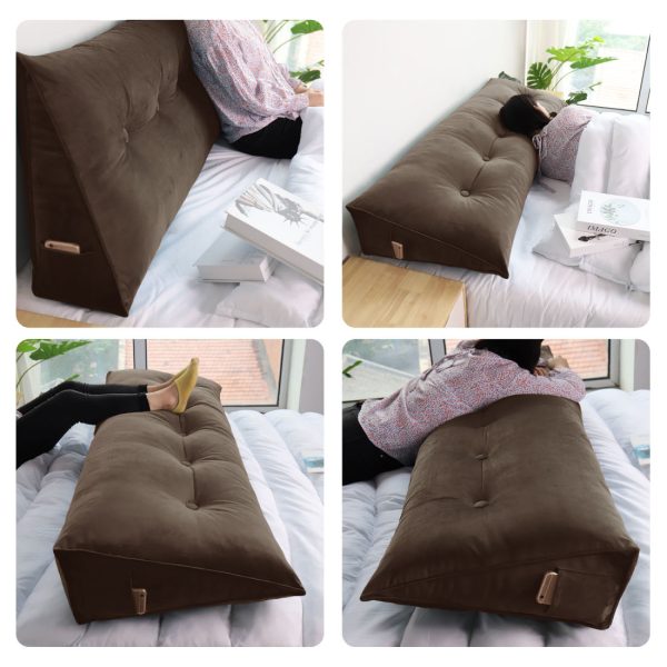 Buttoned Wedge Pillow Cushion Velvet Fabric Coffee Color - Image 5