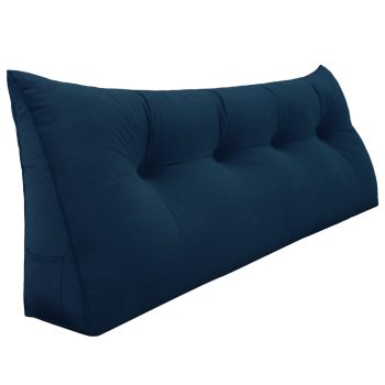 Buttoned Wedge Pillow Cushion Velvet Fabric Blue