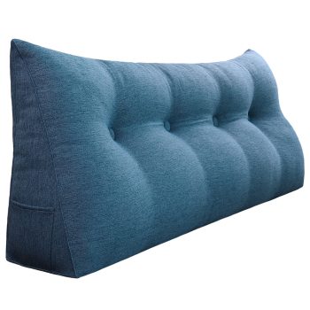 Buttoned Wedge Pillow Cushion Polyester And Linen Blend Fabric Blue