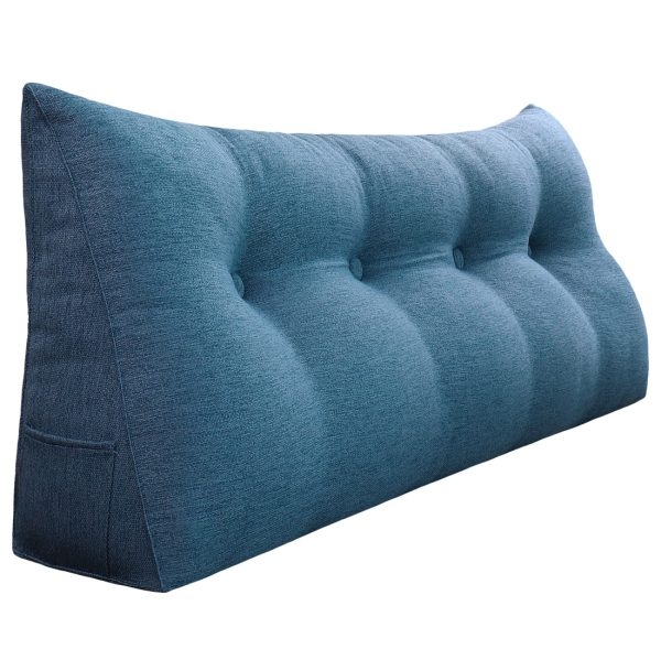 Buttoned Wedge Pillow Cushion Polyester And Linen Blend Fabric Blue