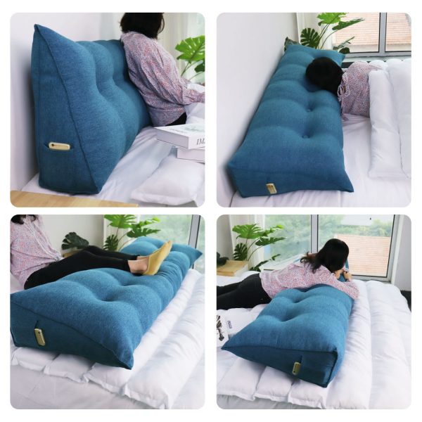 Buttoned Wedge Pillow Cushion Polyester And Linen Blend Fabric Blue - Image 5