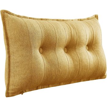 Buttoned Body Pillow Cushion Polyester And Linen Blend Fabric Yellow