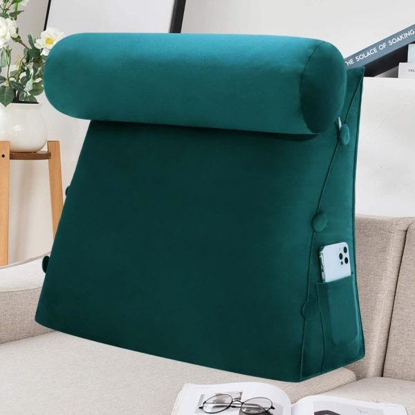 Detachable Neck Roll Reading Pillow Cushion Velvet Fabric Cyan - Image 5