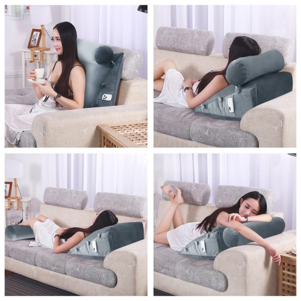 Detachable Neck Roll Reading Pillow Cushion Velvet Fabric Gray - Image 4