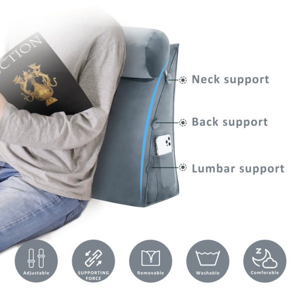Detachable Neck Roll Reading Pillow Cushion Velvet Fabric Gray - Image 3