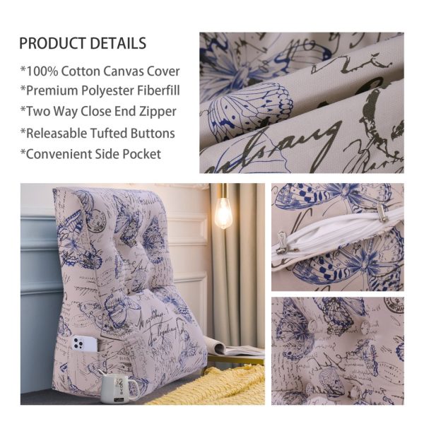 Buttoned Reading Pillow Cushion Cotton Canvas Fabric Blue Butterfly - Image 3