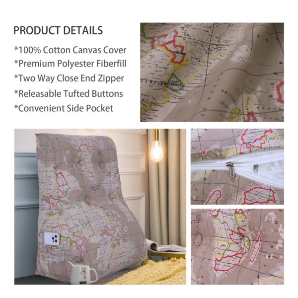 Buttoned Reading Pillow Cushion Cotton Canvas Fabric Camel-colored Map - Image 3