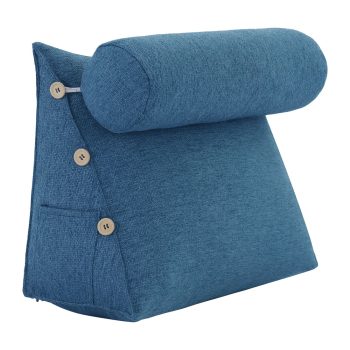 Detachable Neck Roll Reading Pillow Cushion Polyester And Linen Blend Fabric Blue