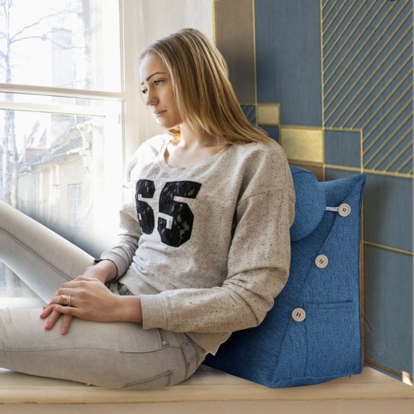 Detachable Neck Roll Reading Pillow Cushion Polyester And Linen Blend Fabric Blue - Image 4