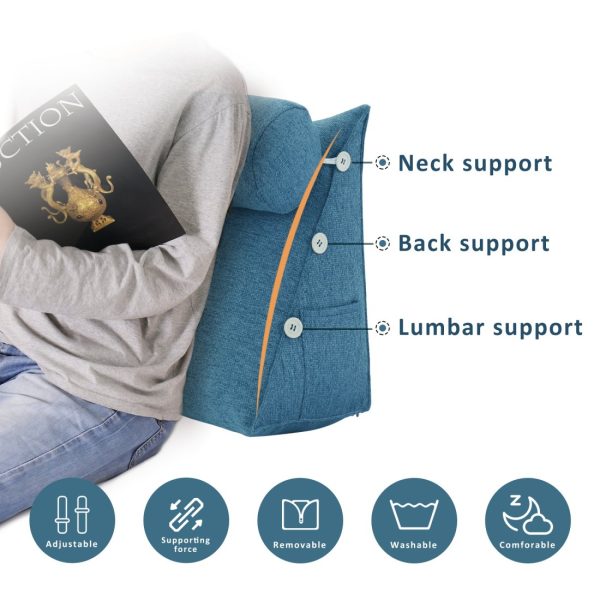 Detachable Neck Roll Reading Pillow Cushion Polyester And Linen Blend Fabric Blue - Image 2