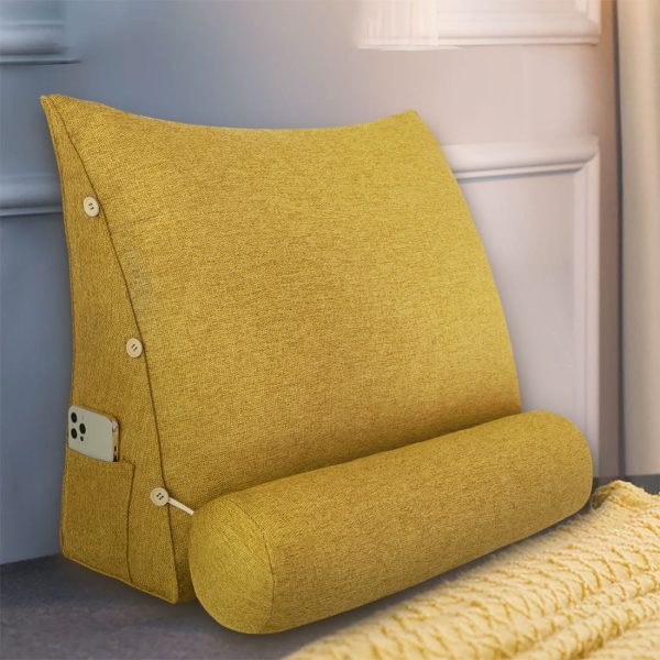 Detachable Neck Roll Reading Pillow Cushion Polyester And Linen Blend Fabric Yellow - Image 4