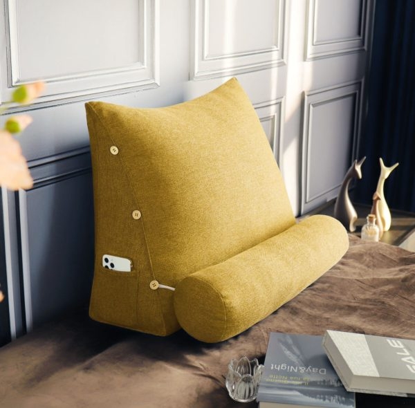 Detachable Neck Roll Reading Pillow Cushion Polyester And Linen Blend Fabric Yellow - Image 7