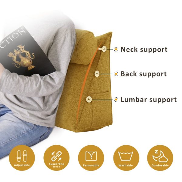 Detachable Neck Roll Reading Pillow Cushion Polyester And Linen Blend Fabric Yellow - Image 2